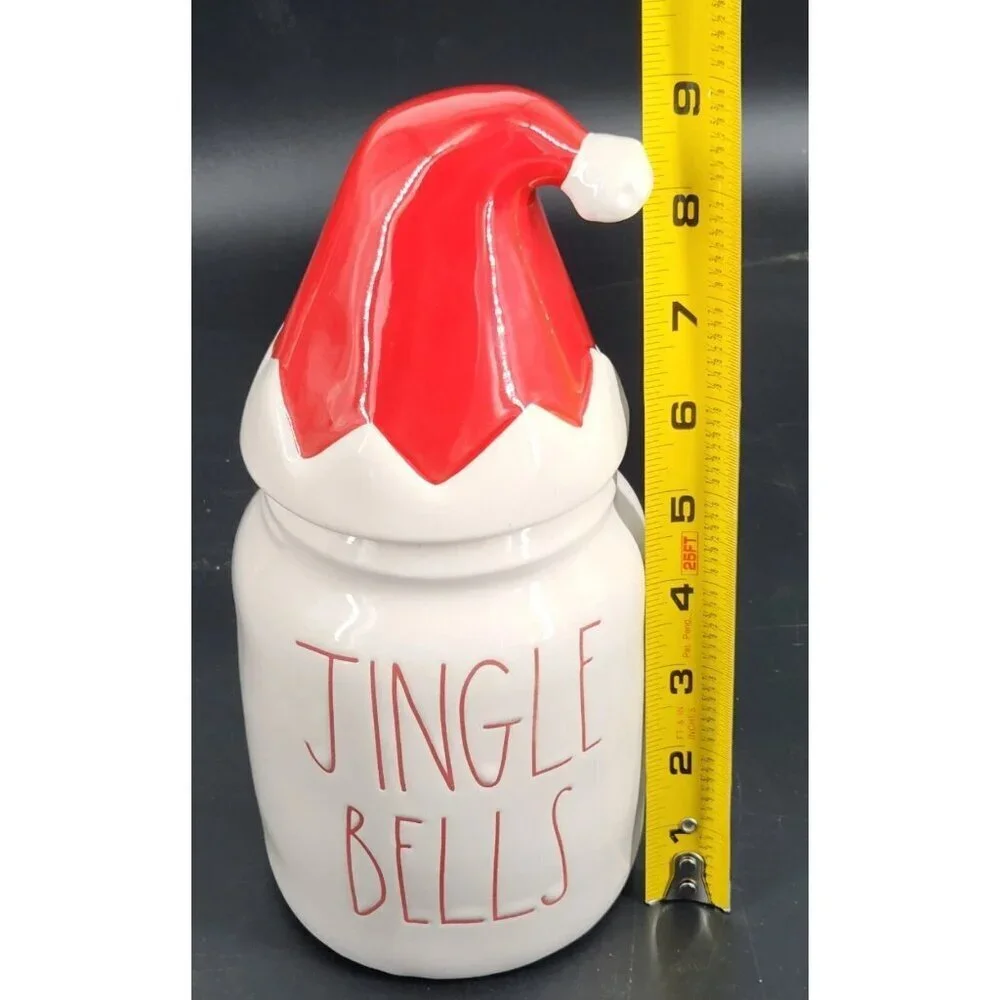 Rae Dunn JINGLE BELLS CANISTER Cookie Jar Santa Elf Hat Holiday Christmas EUC 9